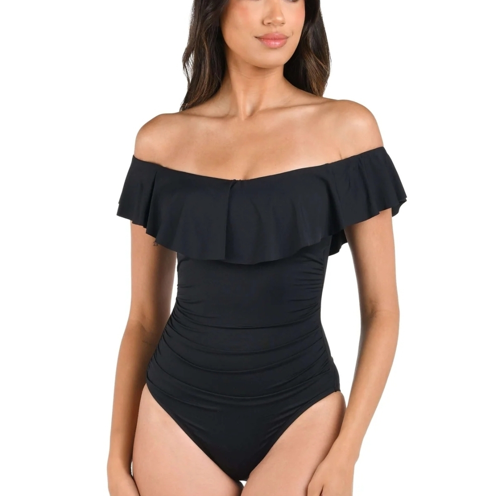 La Blanca Island Goddess NWOT Black Off Shoulder Ruffle One Piece Swimsuit Sz‎ 8